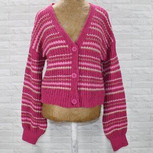 VICI TIGHT HUG Cardigan Sweater Fisherman's Knit Thick Chunky Stripe Pink Medium